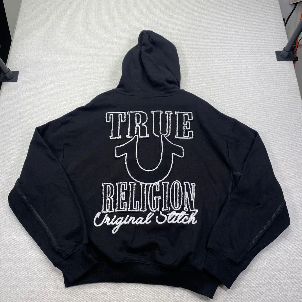 True Religion Rib Stitch Dept Boxy Zip Up Mens XL Jet Black Contrast Hoodie New